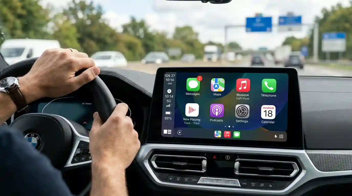 Interface CarPlay vidéo sur écran de voiture avec iOS 27