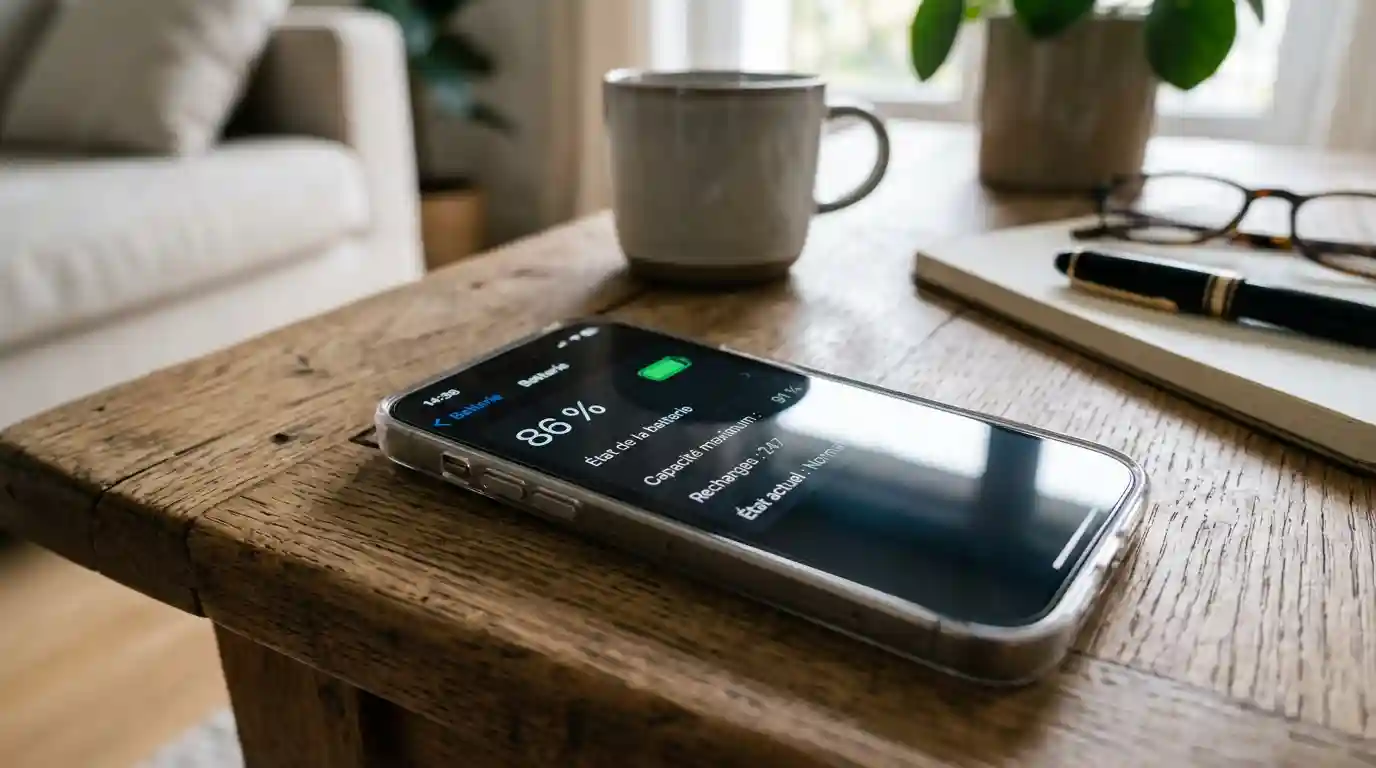Un iPhone posé sur une table avec l'écran affichant le pourcentage de batterie et l'état de santé
