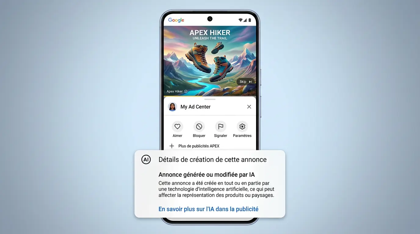 Illustration montrant un écran de smartphone avec une publicité Google marquée d'un badge de certification IA.