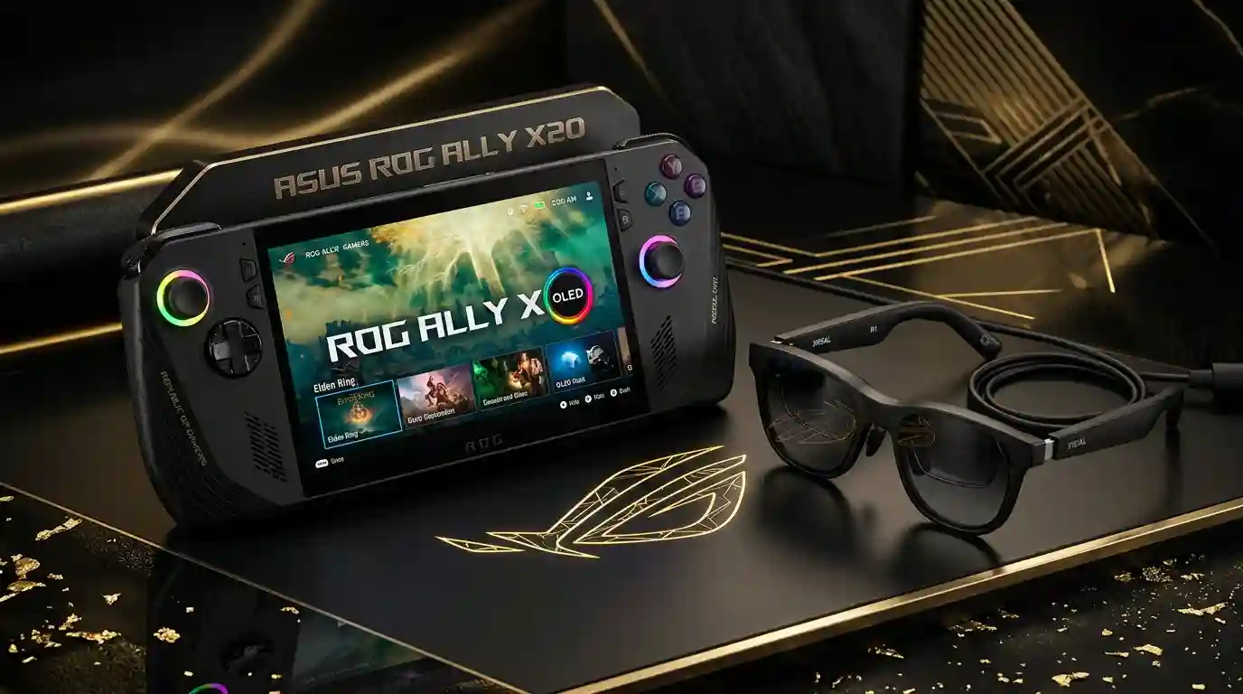 ROG Xbox Ally X20 avec écran OLED et lunettes AR XREAL R1 sur fond noir et or