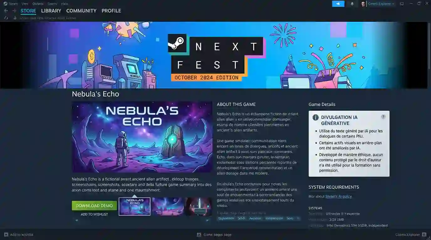 Interface Steam Next Fest affichant un badge de divulgation IA générative sur une page de jeu