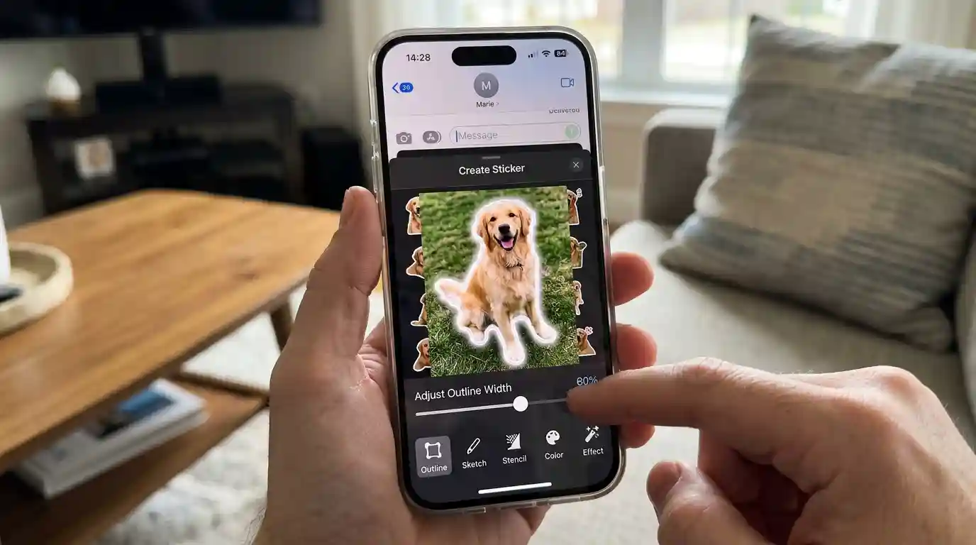 Écran iPhone montrant la création des stickers personnalisés dans l'application Messages